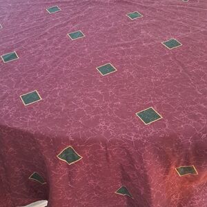 Burgundy and Green Patterned Tablecloth 74 Inch Diameter